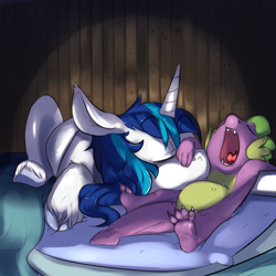 Size: 1024x1024 | Tagged: safe, artist:imsokyo, shining armor, spike, dragon, pony, unicorn, bed, bromance, cute, daily sleeping spike, eyes closed, open mouth, pillow, sleeping, snoring, tumblr