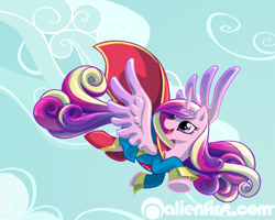 Size: 800x640 | Tagged: safe, artist:alienfirst, princess cadance, alicorn, pony, clothes, costume, flying, solo, supergirl, superhero, watermark