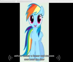 Size: 431x367 | Tagged: safe, rainbow dash, pegasus, pony, female, mare, open mouth, smiling, solo, youtube caption