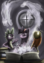 Size: 1280x1829 | Tagged: safe, artist:slawomiro, derpibooru import, spike, twilight sparkle, dragon, windigo, book, magic, patronus