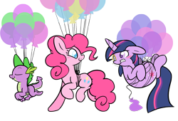 Size: 2500x1700 | Tagged: safe, artist:selective-yellow, derpibooru import, pinkie pie, spike, twilight sparkle, unicorn twilight, dragon, earth pony, pony, unicorn, balloon, blush sticker, blushing, eyes closed, female, floating, lesbian, male, mare, monocle, shipping, simple background, transparent background, trio, twinkie