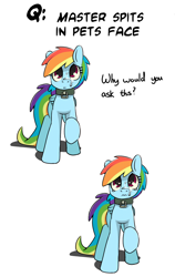 Size: 872x1380 | Tagged: dead source, safe, artist:grumblepluck, rainbow dash, pegasus, pony, collar, crying, dashabuse, female, mare, pet-dash tumblr, sad, simple background, spit, tumblr, white background, wings