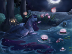 Size: 1280x962 | Tagged: safe, artist:miidniightsuun, princess luna, alicorn, fish, horse, pony, ethereal mane, female, flower, folded wings, horsified, mare, moon, night, prone, river, solo, starry mane, wings