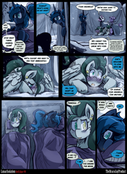 Size: 3000x4091 | Tagged: safe, artist:dracojayproduct, princess luna, oc, oc:willow, alicorn, crystal pony, pony, comic:lunar isolation, blushing, comic, pillow, sheet, snow, snowfall, spear, tent, weapon