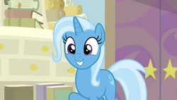 Size: 1920x1080 | Tagged: safe, derpibooru import, screencap, trixie, pony, unicorn, student counsel, bookshelf, cute, diatrixes, female, mare, raised hoof, smiling, solo, starlight's office