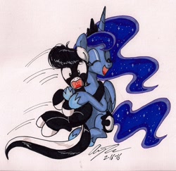 Size: 1507x1463 | Tagged: safe, artist:newyorkx3, princess luna, oc, oc:tommy junior, alicorn, pony, hug, simple background, sitting, traditional art