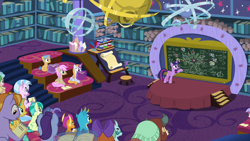 Size: 1280x720 | Tagged: safe, screencap, citrus bit, cozy glow, gallus, ocellus, sandbar, silverstream, smolder, twilight sparkle, twilight sparkle (alicorn), yona, alicorn, what lies beneath, chalkboard, friendship student, student six