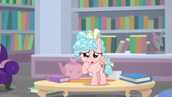 Size: 1280x720 | Tagged: safe, screencap, cozy glow, pegasus, pony, what lies beneath, book, bookshelf, female, filly, foal, solo, table