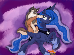 Size: 3015x2240 | Tagged: safe, artist:julianbaileyi, princess luna, oc, oc:bailey, alicorn, pony, female, mare, riding