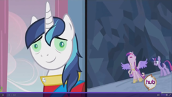 Size: 1366x768 | Tagged: safe, screencap, princess cadance, shining armor, twilight sparkle, alicorn, pony, unicorn, a canterlot wedding, green eyes, hub logo, hypnotized, looking at you, this day aria