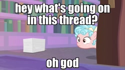 Size: 1280x720 | Tagged: safe, edit, edited screencap, screencap, cozy glow, pegasus, pony, what lies beneath, cozybetes, cute, female, filly, foal, image macro, meme, reaction image, solo, what's going on in this thread