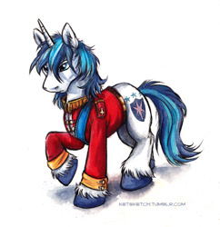 Size: 584x603 | Tagged: safe, artist:kenket, shining armor, pony, unicorn, clothes, messy mane, raised hoof, uniform, unshorn fetlocks