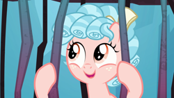 Size: 1366x768 | Tagged: safe, screencap, cozy glow, pegasus, pony, school raze, alternate ending, australia, bars, bow, cage, cozybetes, cute, female, filly, foal, new zealand, official censorship, smiling, solo, tartarus, wanna be friends?, when she smiles