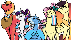 Size: 1280x732 | Tagged: safe, artist:lieutenantcactus, derpibooru import, big macintosh, fluttershy, princess celestia, rarity, trixie, alicorn, pegasus, pony, unicorn, alternate hairstyle, alternate universe, bow, cape, clothes, eyes closed, female, flag, freckles, hair bow, horn, horn ring, lgbt headcanon, mare, mouth hold, pride, pride flag, pride month, simple background, trans girl, trans trixie, transgender, transgender pride flag, white background