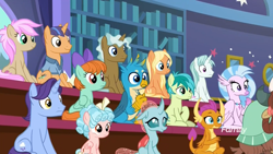 Size: 1920x1080 | Tagged: safe, screencap, amber grain, clever musings, cozy glow, gallus, malachite (sailor moon), november rain, ocellus, peppermint goldylinks, sandbar, silverstream, smolder, snowy quartz, strawberry scoop, yona, classical hippogriff, dragon, earth pony, griffon, hippogriff, pegasus, pony, unicorn, yak, a rockhoof and a hard place, discovery family logo, dragoness, female, filly, fine catch, friendship student, lecture hall, male, mare, school of friendship, sitting, stallion, student six