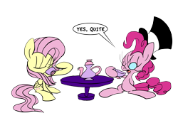Size: 1349x897 | Tagged: safe, artist:joeywaggoner, fluttershy, pinkie pie, earth pony, pegasus, pony, female, flutterpie, hat, lesbian, monocle and top hat, quite, shipping, tea party