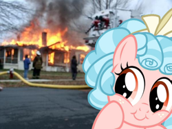 Size: 600x450 | Tagged: safe, artist:countess-clover, cozy glow, marks for effort, burning, cozy glow is best facemaker, cozybetes, cute, disaster girl, foal, irl, meme, photo, pure concentrated unfiltered evil of the utmost potency, pure unfiltered evil, some mares just want to watch the world burn, some men just want to watch the world burn