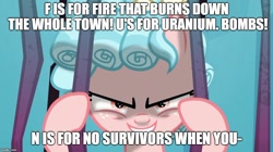 Size: 888x499 | Tagged: safe, edit, edited screencap, screencap, cozy glow, pegasus, pony, school raze, bars, evil, evil grin, f.u.n., female, filly, foal, grin, image macro, meme, sheldon j. plankton, smiling, solo, spongebob squarepants