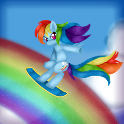 Size: 2000x2000 | Tagged: safe, artist:kirajoleen, rainbow dash, pegasus, pony, high res, rainbow, solo, surfing