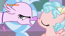 Size: 639x355 | Tagged: safe, screencap, cozy glow, silverstream, pegasus, pony, what lies beneath, boop, duo, female, filly, mid-blink screencap, noseboop