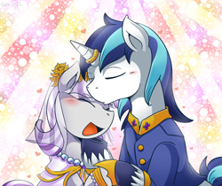 Size: 2000x1677 | Tagged: safe, artist:vavacung, shining armor, twilight velvet, pony, unicorn, alternate universe, bride, clothes, dress, female, forehead kiss, groom, horn ring, incest, kissing, male, mare, mother and child, mother and son, oedipus complex, open mouth, open smile, parent and child, pixiv, ring, shiningvelvet, smiling, stallion, straight, wedding, wedding dress, wedding ring, wedding veil, what has shipping done
