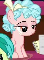 Size: 376x513 | Tagged: safe, screencap, cozy glow, sandbar, pegasus, pony, what lies beneath, bow, cropped, female, filly, foal, hair bow, lidded eyes, pure concentrated unfiltered evil of the utmost potency, ringlets, solo focus