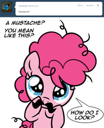 Size: 500x616 | Tagged: safe, artist:sketchyjackie, pinkie pie, earth pony, pony, ask, cute, diapinkes, filly, moustache, my little filly