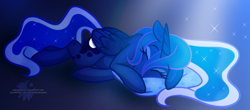 Size: 3681x1620 | Tagged: safe, artist:xwhitedreamsx, princess luna, alicorn, pony, blue, crepuscular rays, cute, lunabetes, pillow, sleeping, solo