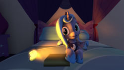 Size: 1280x720 | Tagged: safe, artist:bunneshow, princess luna, alicorn, pony, 3d, bed, book, candle, filly, solo, source filmmaker, woona