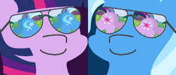 Size: 1004x428 | Tagged: safe, artist:threetwotwo32232, derpibooru import, edit, trixie, twilight sparkle, pony, butt, dayum, double, double butt, eyes on the prize, eyes on the prize on the eyes, female, glasses, lesbian, looking at her butt, plot, prize on the eyes, shipping, sunglasses, twixie