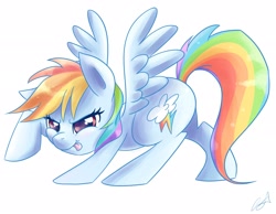 Size: 2700x2100 | Tagged: safe, artist:steffy-beff, rainbow dash, pegasus, pony, high res, sneaking, solo, tongue out