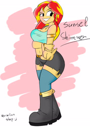 Size: 2480x3507 | Tagged: safe, artist:vermilion slap, sunset shimmer, equestria girls, armlet, belly button, boots, bracelet, breasts, clothes, female, jewelry, pixiv, rock on, shorts, socks, solo, sunset jiggler, thigh highs, torn clothes, wide hips