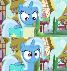 Size: 402x427 | Tagged: safe, derpibooru import, screencap, trixie, pony, unicorn, student counsel, angry, angry eyes, glare, reaction image, trixie is not amused, unamused, what the fuck am i reading