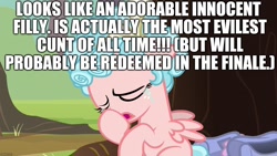 Size: 1280x720 | Tagged: safe, edit, edited screencap, editor:useraccount, screencap, cozy glow, pegasus, pony, marks for effort, cozy glow's true goal, cozybuse, crying, cunt, evil, excessive exclamation marks, female, filly, hilarious in hindsight, image macro, meme, most evilest cunt of all time, pure concentrated unfiltered evil of the utmost potency, vulgar