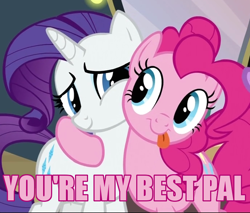 Size: 690x588 | Tagged: safe, screencap, pinkie pie, rarity, earth pony, pony, unicorn, best friends, friends, heartwarming, pink text, text