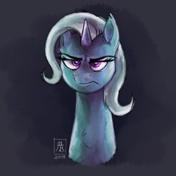 Size: 2742x2742 | Tagged: safe, artist:wildetrashbag, derpibooru import, trixie, pony, unicorn, student counsel, abstract background, bust, chest fluff, female, frown, mare, solo