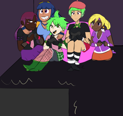 Size: 2782x2622 | Tagged: safe, artist:pandaamanda11, blueberry cake, cherry crash, cloudy kicks, drama letter, mystery mint, watermelody, human, equestria girls, alternate hairstyle, background human, boots, clothes, controller, dark skin, diversity, gloves, hat, humanized, light skin, necktie, skirt, socks, stockings, striped socks, television, thigh highs