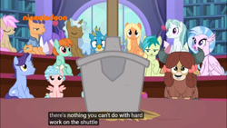 Size: 1366x768 | Tagged: safe, screencap, amber grain, cozy glow, gallus, malachite (sailor moon), sandbar, silverstream, snowy quartz, yona, pegasus, pony, a rockhoof and a hard place, female, filly, fine catch, friendship student, meme, rockhoof's shovel, space shuttle, youtube caption