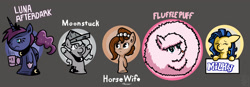 Size: 3264x1131 | Tagged: safe, artist:mangameister, princess luna, oc, oc:brownie bun, oc:fluffle puff, oc:milky way, alicorn, pony, cartographer's cap, descriptive noise, female, filly, hat, luna-afterdark, mare, meme, moonstuck, paper hat, puppet, tumblr blog, woona