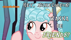 Size: 1096x614 | Tagged: safe, edit, edited screencap, screencap, cozy glow, pegasus, pony, school raze, bars, bow, cage, cozybetes, cute, dialogue, female, filly, foal, hair bow, it's a trap, logo, meme, nickelodeon, smiling, solo, tartarus, text, wanna be friends?