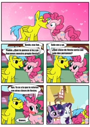 Size: 906x1280 | Tagged: safe, artist:king-shoutmon, derpibooru import, pinkie pie, rarity, twilight sparkle, oc, earth pony, pony, unicorn, comic, spanish