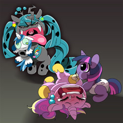 Size: 800x800 | Tagged: safe, artist:naoki, princess cadance, queen chrysalis, shining armor, twilight sparkle, alicorn, changeling, changeling queen, pony, unicorn, baby, baby pony, diaper, pacifier, pixiv, wat, younger