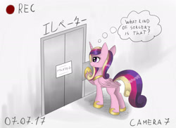 Size: 2205x1609 | Tagged: dead source, safe, artist:irigulus, princess cadance, alicorn, pony, camera, camera shot, elevator, japanese, out of order, recording, solo