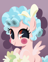 Size: 5485x7114 | Tagged: safe, artist:jhayarr23, cozy glow, pegasus, pony, school raze, absurd resolution, blush sticker, blushing, bow, cozybetes, cute, female, filly, flower, foal, hair bow, lineless, looking at you, purple background, simple background, solo, starry eyes, vector, wingding eyes