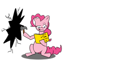 Size: 1280x640 | Tagged: safe, artist:afroquackster, pinkie pie, earth pony, pony, book, fourth wall, fourth wall destruction, hammer, solo