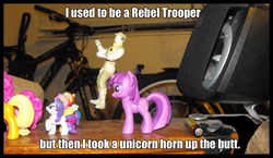 Size: 1644x951 | Tagged: safe, derpibooru import, applejack, fluttershy, pinkie pie, rainbow dash, rarity, twilight sparkle, blind bag, image macro, irl, ouch, owned, photo, rebel trooper, star wars, toy