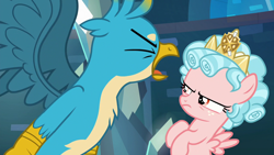 Size: 1280x720 | Tagged: safe, screencap, cozy glow, gallus, griffon, pegasus, pony, school raze, angry, chest fluff, cozy glow is not amused, crown, eyes closed, female, filly, foal, jewelry, male, regalia, spread wings, wings, yelling