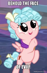 Size: 500x783 | Tagged: safe, edit, edited screencap, screencap, cozy glow, pegasus, pony, school raze, cozy glow is best facemaker, cozybetes, cropped, cute, evil, face of evil, female, filly, foal, image macro, meme, pure unfiltered adorable evil, rearing, solo, text