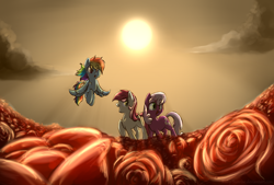 Size: 1748x1181 | Tagged: safe, artist:ruby-sunrise, cheerilee, rainbow dash, roseluck, pegasus, pony, flower, rose, sun