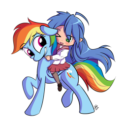 Size: 1280x1280 | Tagged: safe, artist:squiby-327, rainbow dash, human, pony, clothes, crossover, hug, humans riding ponies, izumi konata, lucky star, riding, school uniform, simple background, wink